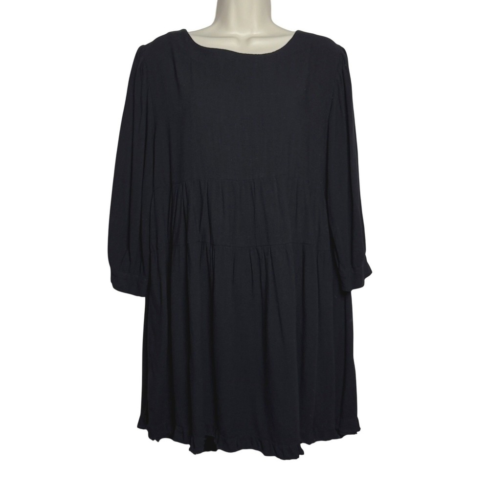 UMGEE Womens 55% Linen 45% Cotton Mini Dress S Black Long Sleeve Tiered Swing
